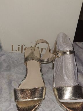 Life Stride Gold Metallic Ankle Strap Block Heel Sandals